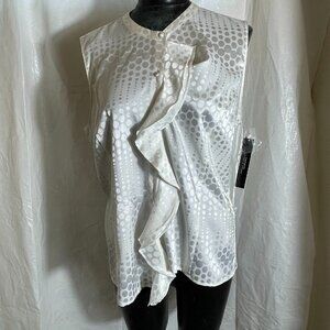 Tahari Arthur Levine White Polka Dots Sleeveless Btn Front Ruffled Blouse L NEW